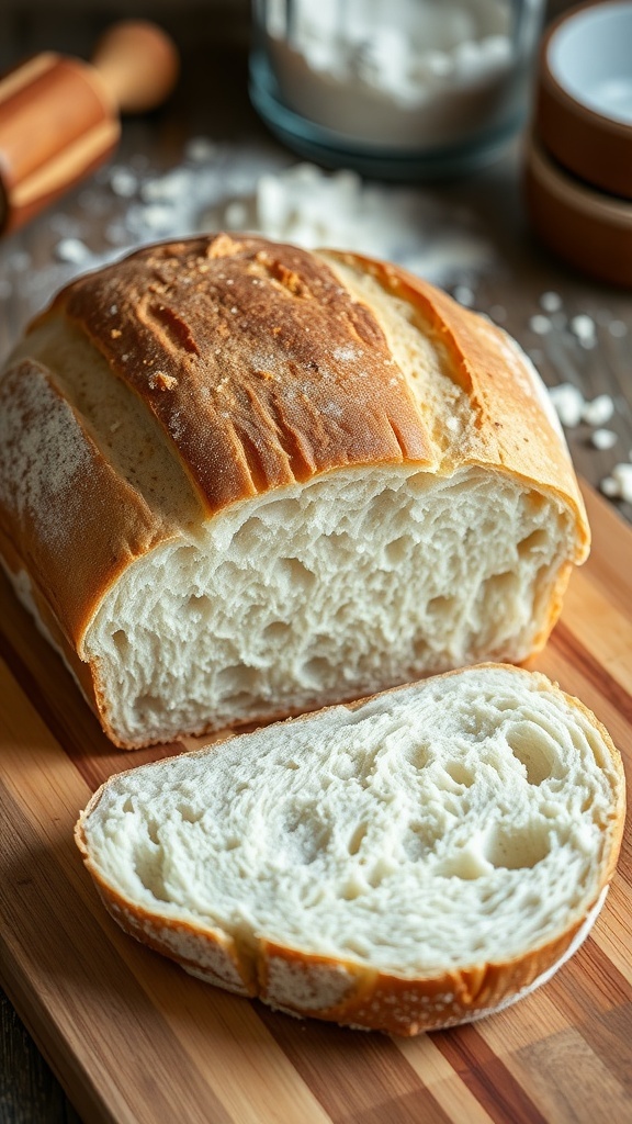 A golden-brown sourdough bread loaf on a cutting board with a slice cut out, revealing its soft interior.
